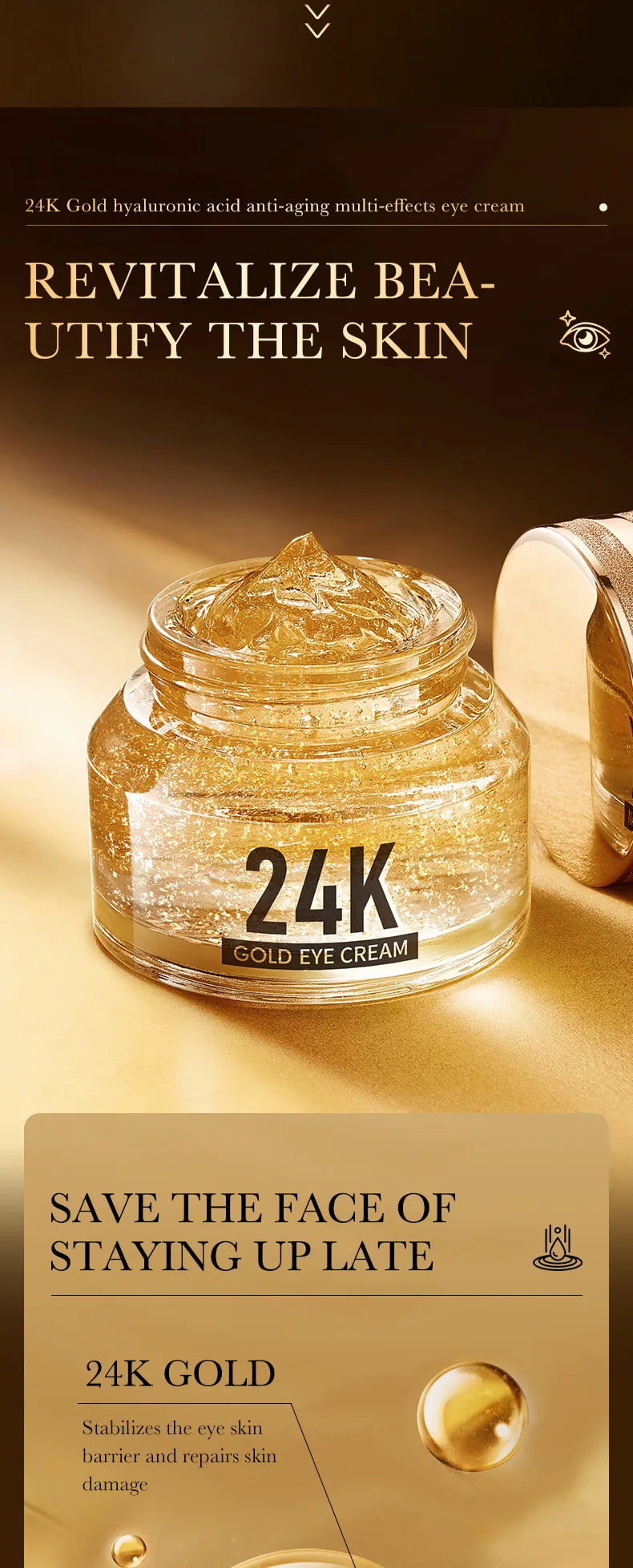 24k Gold Eye Cream – Hyaluronic Acid for Dark Circles, Firming & Moisturizing