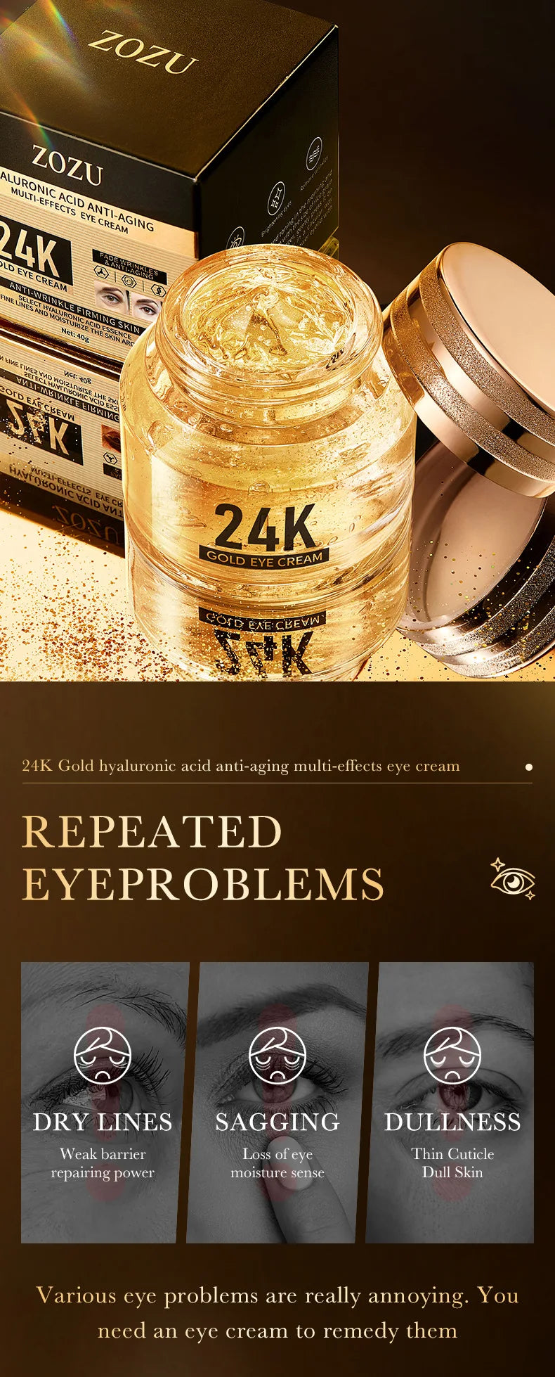 24k Gold Eye Cream – Hyaluronic Acid for Dark Circles, Firming & Moisturizing