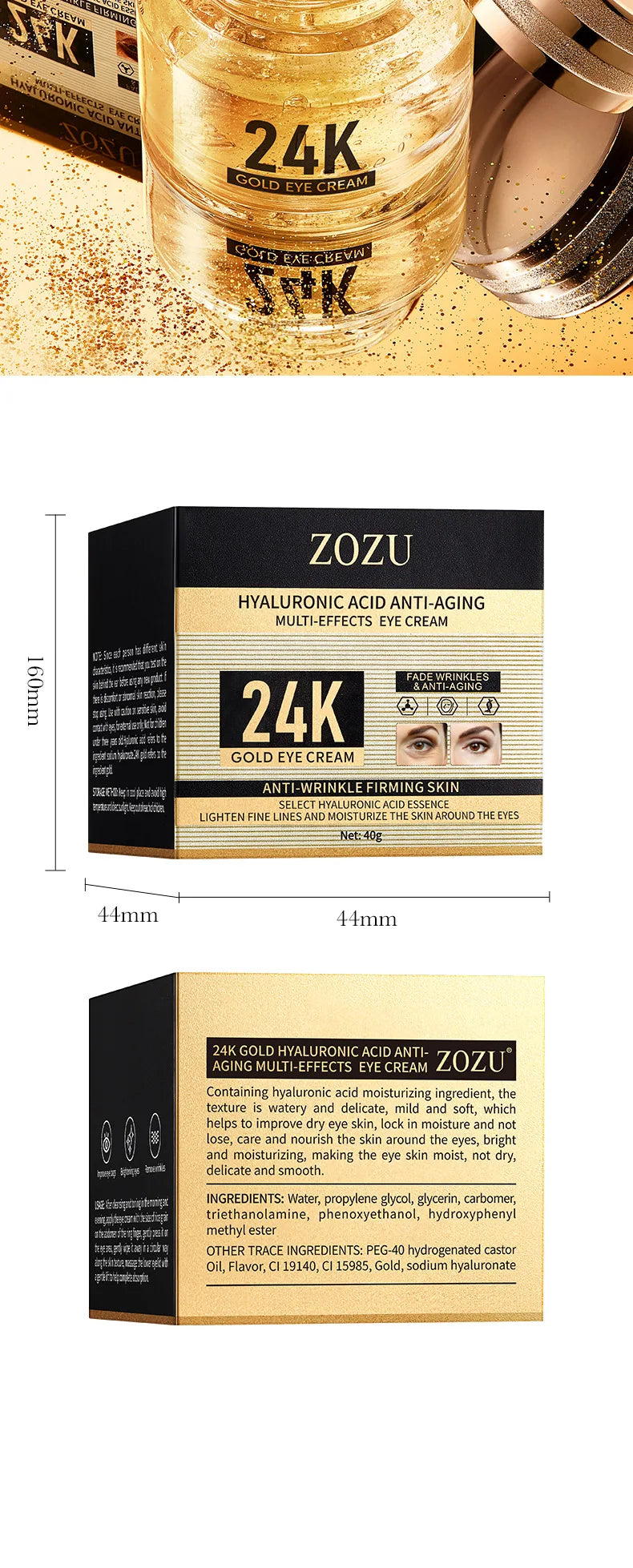 24k Gold Eye Cream – Hyaluronic Acid for Dark Circles, Firming & Moisturizing